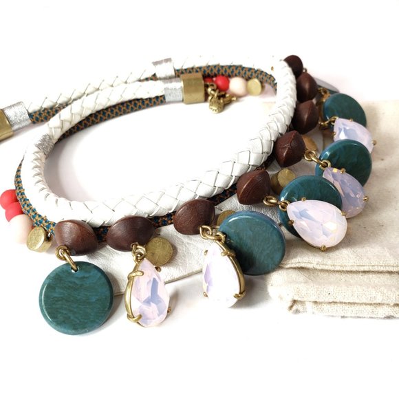 J. Crew Leather, Wood & Crystal Drops Necklace - Picture 11 of 16